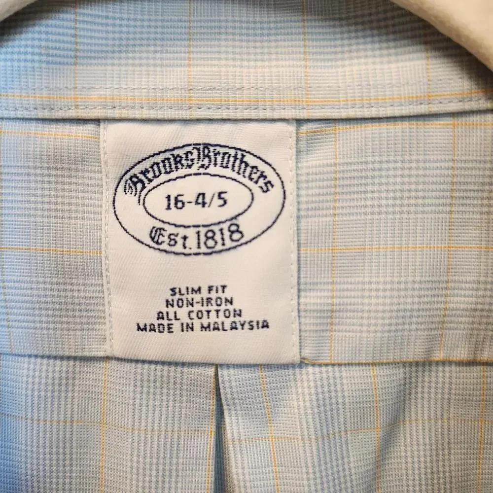 Brooks Brothers Slim Fit Non-Iron Dress Shirt - Light Blue Plaid- 16 4/5 - Picture 7 of 9